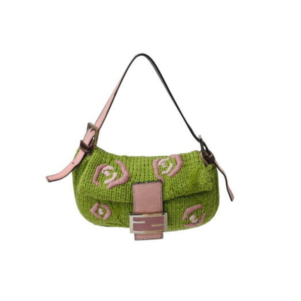 FENDI Mamma Bucket Hobo Shoulder Bag Handbag Knit Harako Pink Green
